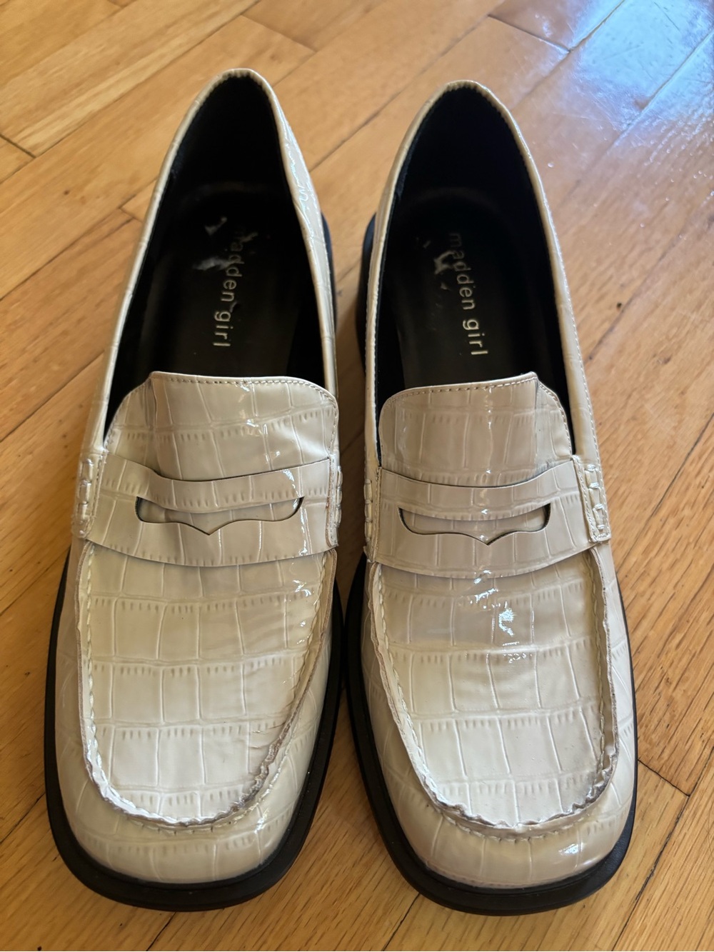 Madden Girl Cream Croc-Embossed Penny Loafers